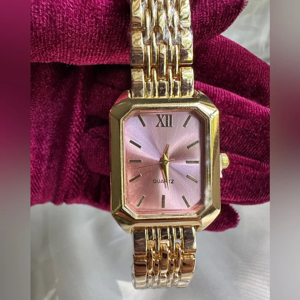 Anthropologie Gold Bracelet Watch with Pink Dial